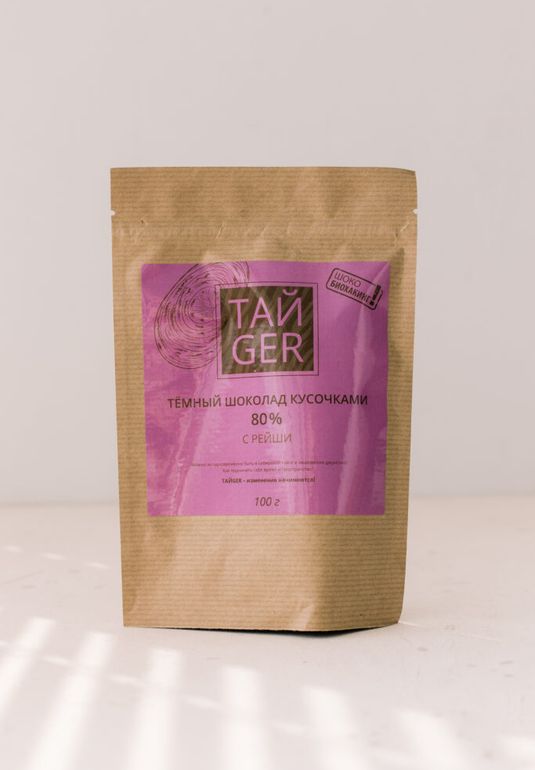 Тёмный шоколад кусочками ТАЙGER с рейши, без сахара 100g